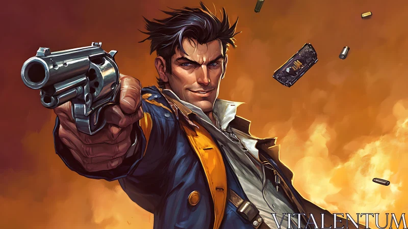 Dynamic gunslinger portrait with foreshortened revolver perspective