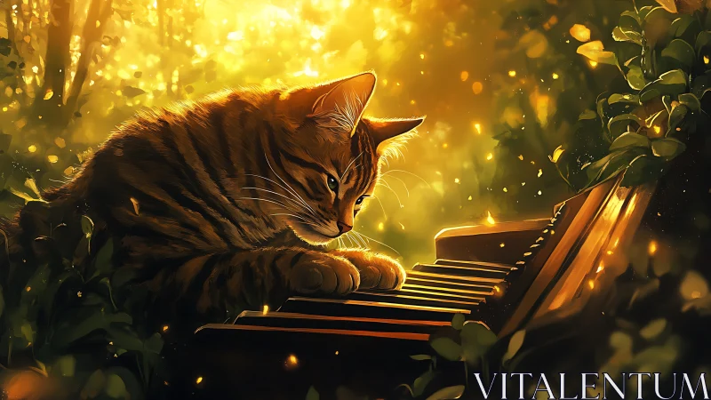 Striped cat plays glowing piano in warm forest light
