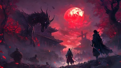 Blood-red moon looms over samurai confronting spectral dragon.