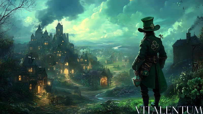 Leprechaun scout surveys illuminated fantasy village at dusk