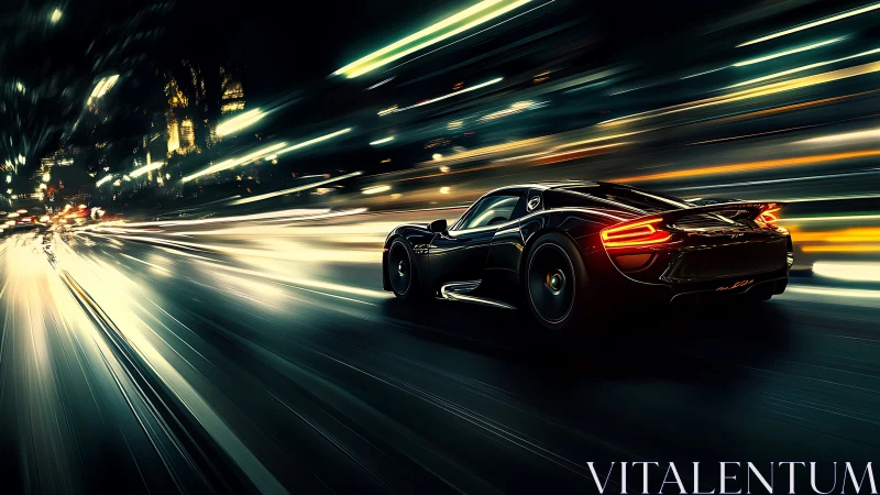 Midnight hypercar streaking through neon rivered city streets.