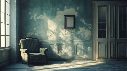 Upholstered chair in aged interior with window and frame.