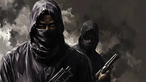 Masked gunmen emerge from stormy shadows in tense standoff.