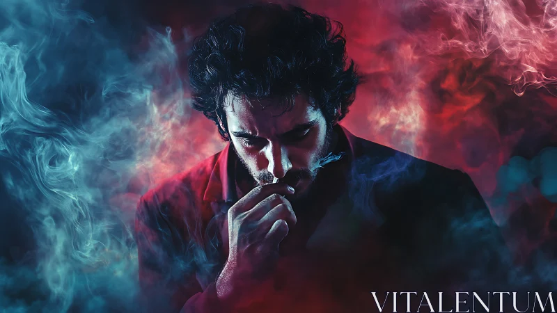 Brooding smoker adrift in blue and crimson stormlight.