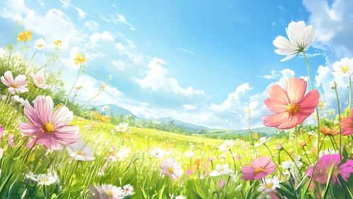 Digital landscape shows flowering meadow under clear sky