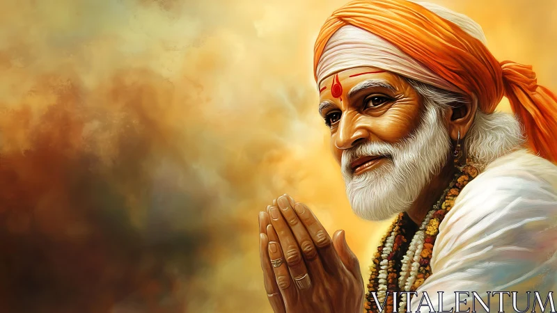 Smiling Hindu elder saint in prayer against golden clouds.