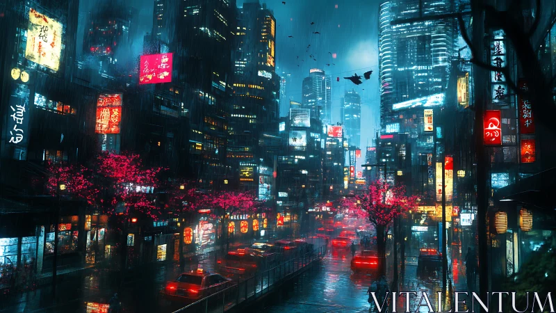 Neon city streets glow softly through a quiet midnight rain