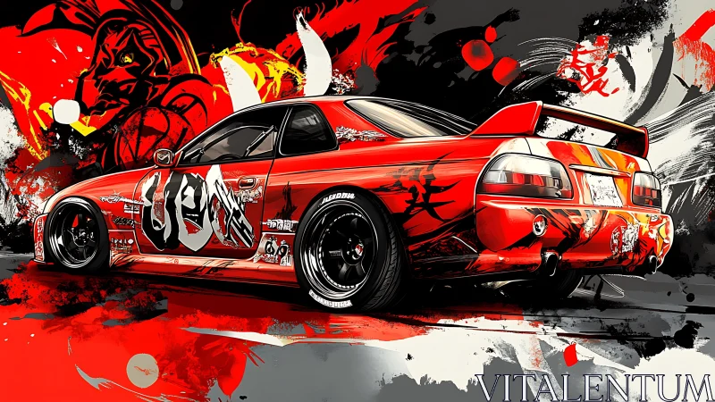 Touge-tuned red drift coupe with oni graffiti livery artwork