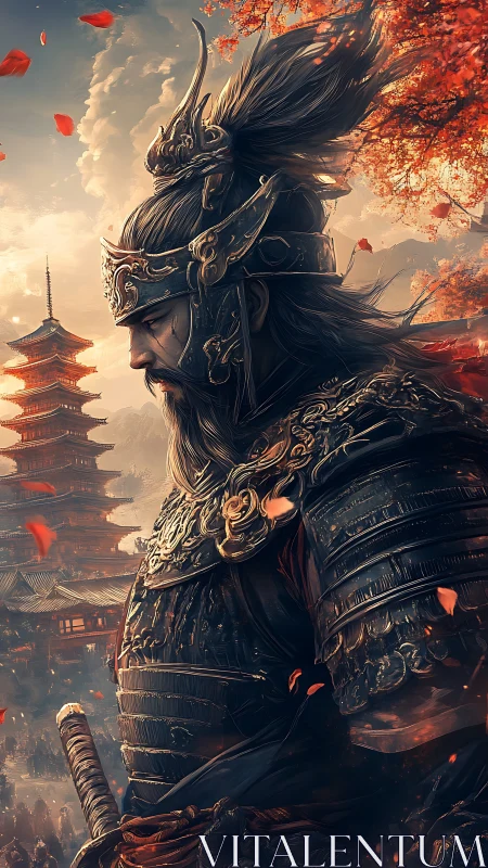 Silent samurai in autumn light beside distant pagodas.