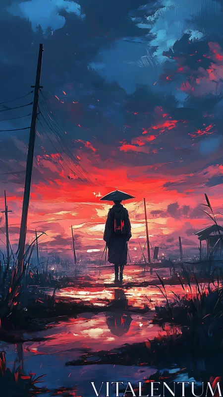 Lone wanderer strolling beneath a glowing crimson sunset sky.