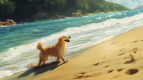 Golden retriever walking along shoreline on sunny beach.