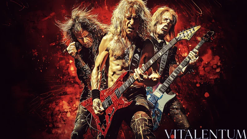 Heavy metal guitar trio exploding under molten red light.