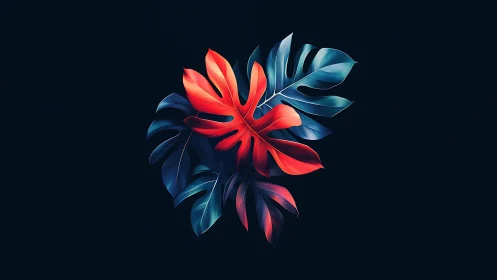 Luminous tropical leaves glowing softly in midnight blue.