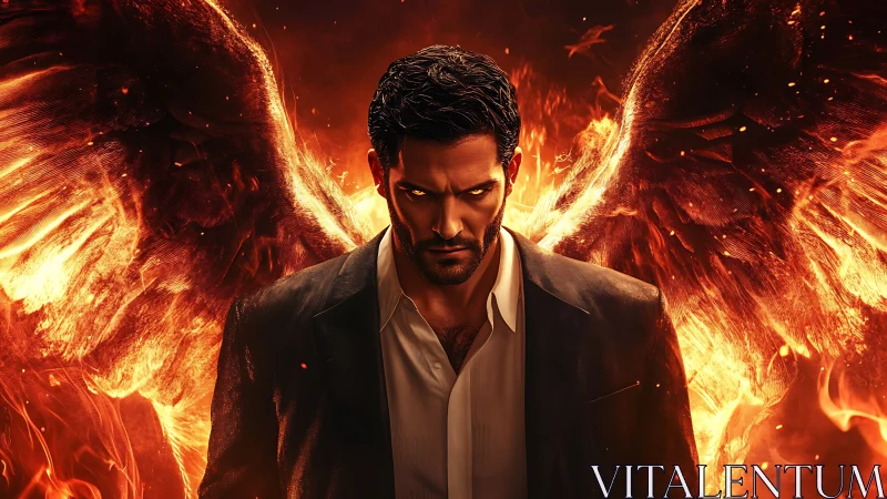 Male figure with fiery wings stands against bright flames