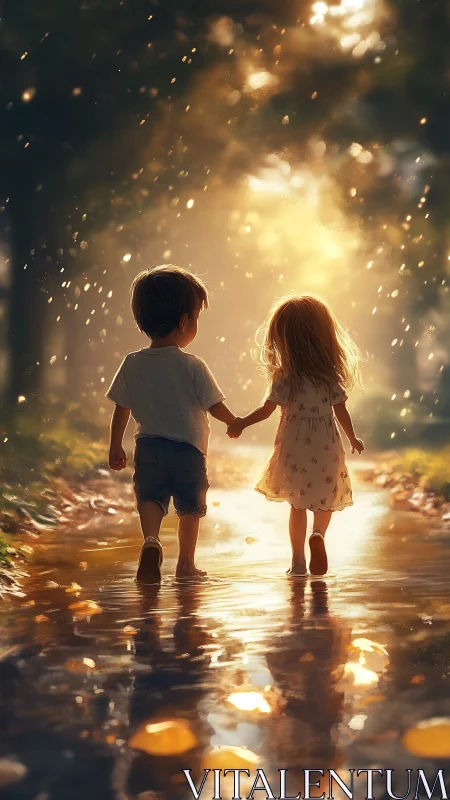 Two Young Children Walking Together Through Golden Sunlight