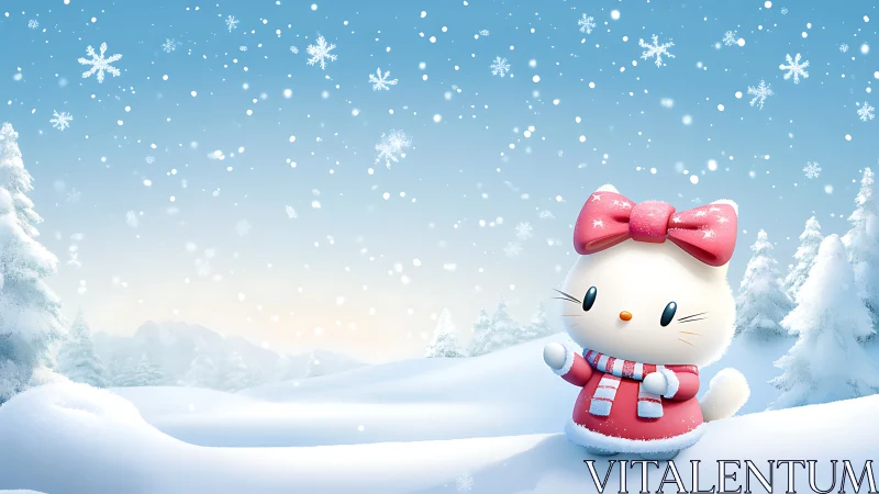 Cartoon cat character stands in snowy winter landscape scene