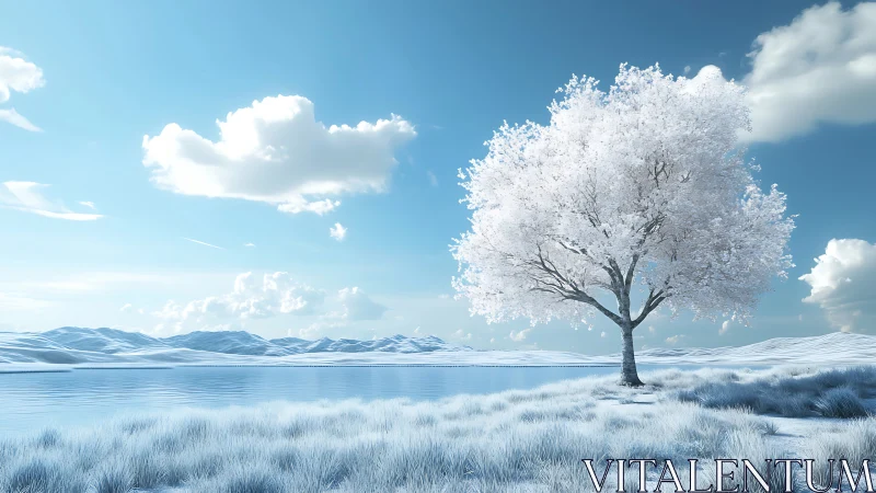 Gentle white tree glows beside a calm frozen lakeshore