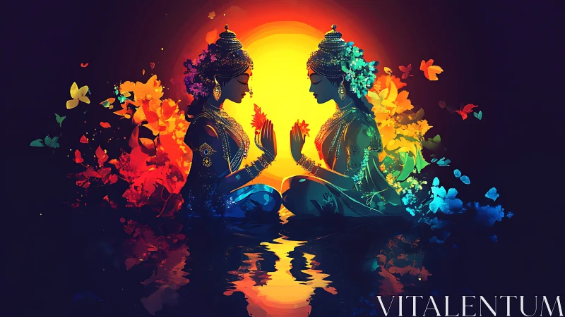 Symmetrical goddesses in radiant lotus mandala composition.