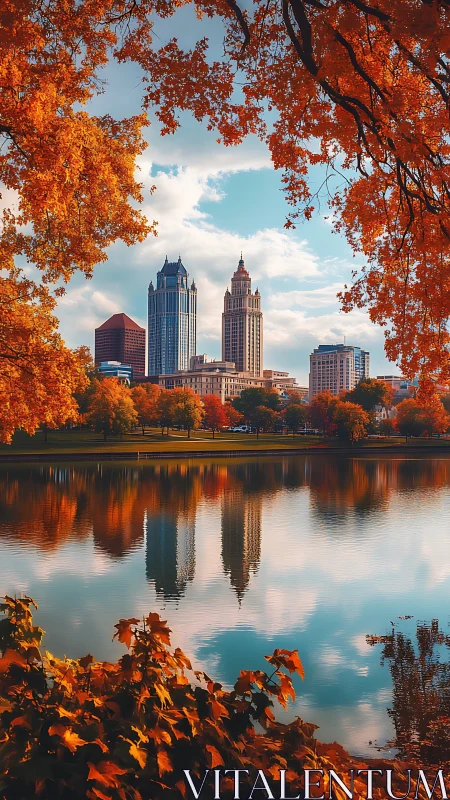 City skyline framed by autumn foliage over calm reflective lake