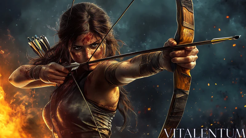 Battle-scarred archer draws bow amid roaring flames