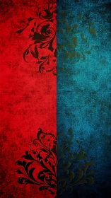 Velvet duel of red and teal with entwined baroque flourishes.