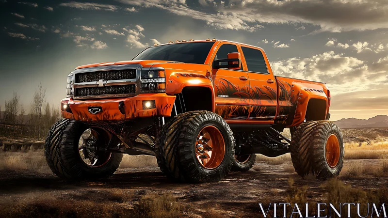 Lifted orange custom pickup dominates arid off-road landscape