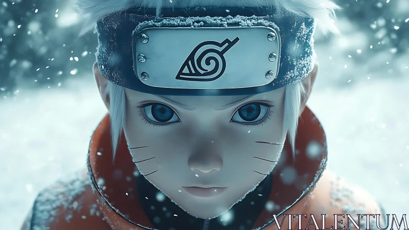 Snowbound anime warrior in intense frontal close-up portrait.