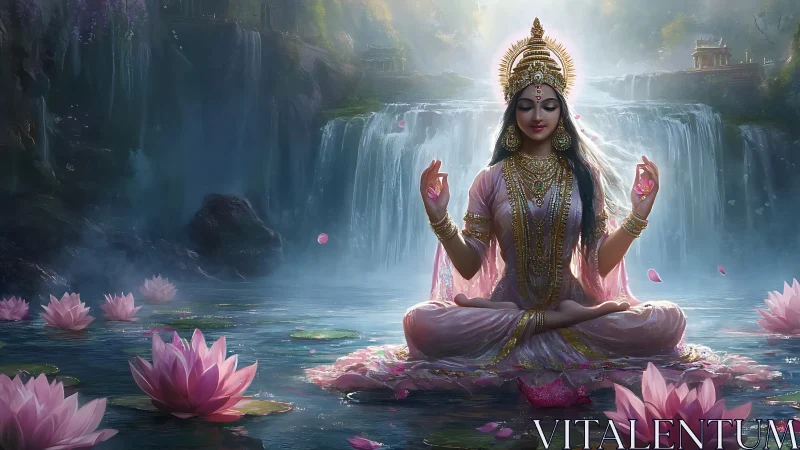 Lotus-born goddess meditates beneath cascading dreamwater.