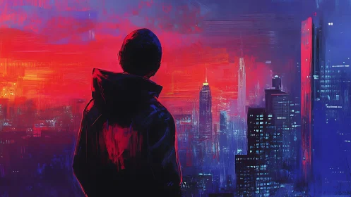 Solitary dreamer soaking in a glowing neon city sunset.