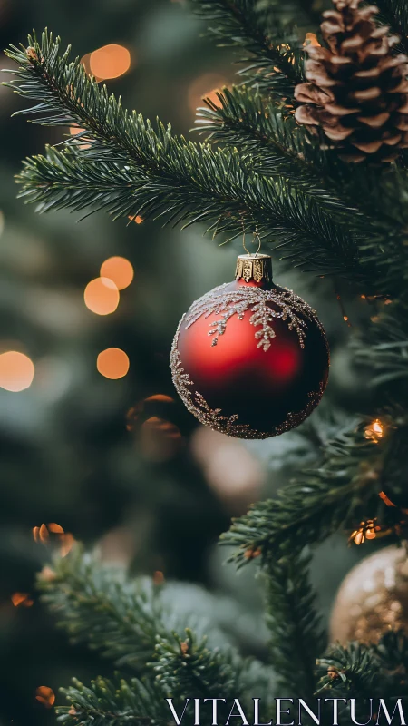 Crimson bauble lingers in a hush of pine and blurred lights