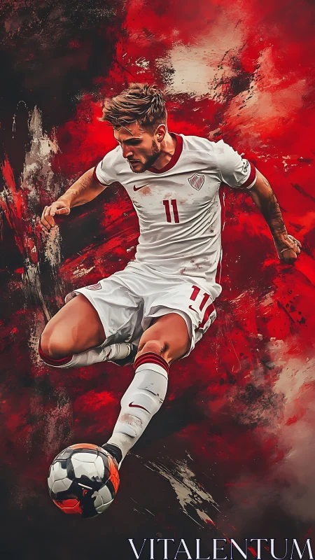 Dynamic football striker in midair volley against red vortex.