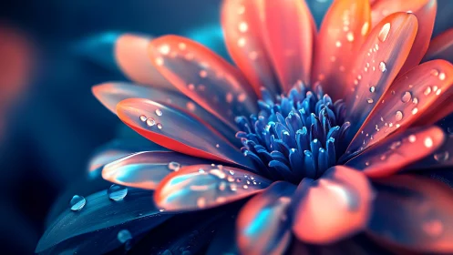 Red Daisy With Blue Center and Water Droplets.