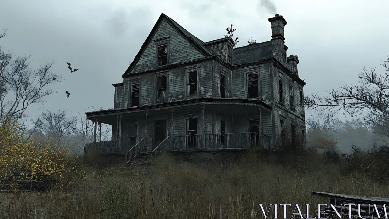 Weathered Victorian farmhouse in overgrown misty landscape