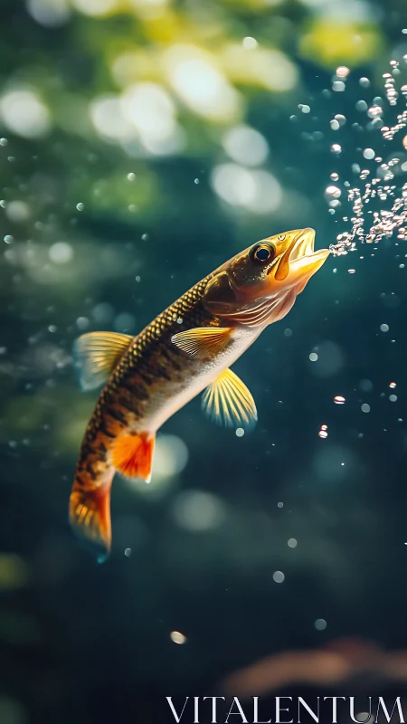 Golden trout arcs upward through bokeh-lit aquatic bubbles.