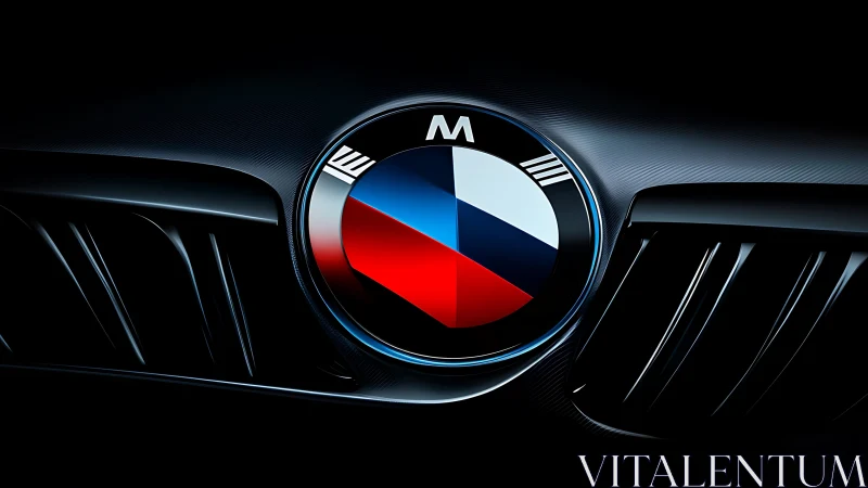 Bold close-up of a performance car badge glowing in night.