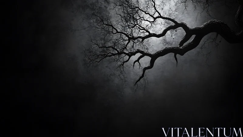 Moonlit bare tree branch curves through dense night fog.