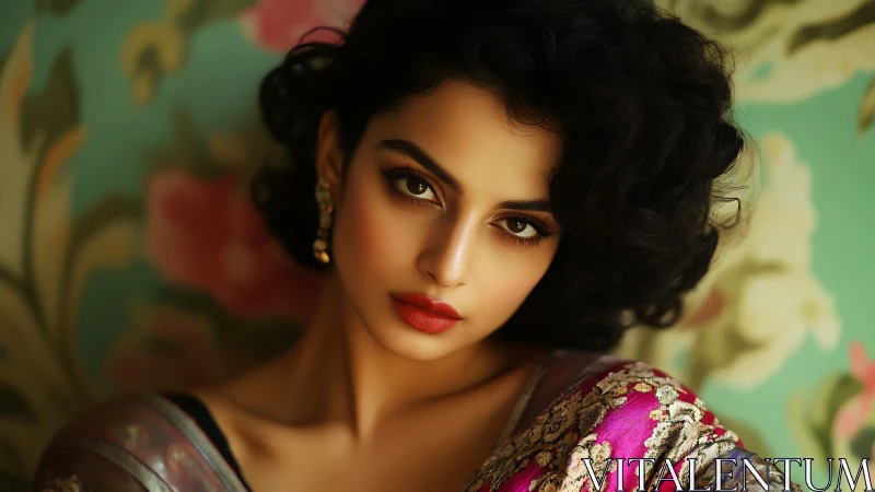 Portrait of woman in embroidered sari before floral wall.