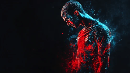 Brooding soccer player glowing in red and blue energy.
