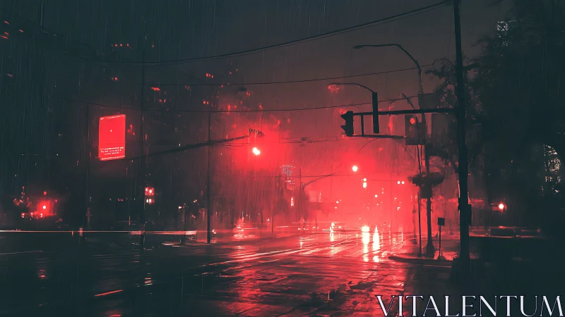 Rain soaked urban intersection under dense red streetlights.