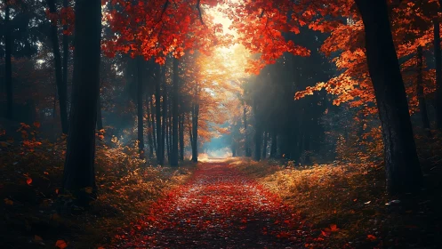 Autumn's Golden Path Through Fire-Lit Woods.