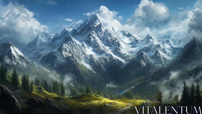 Crowned mountain giant above a sunlit emerald valley dream.
