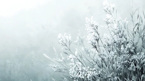 Frosted wildflowers glow softly in a tranquil winter haze
