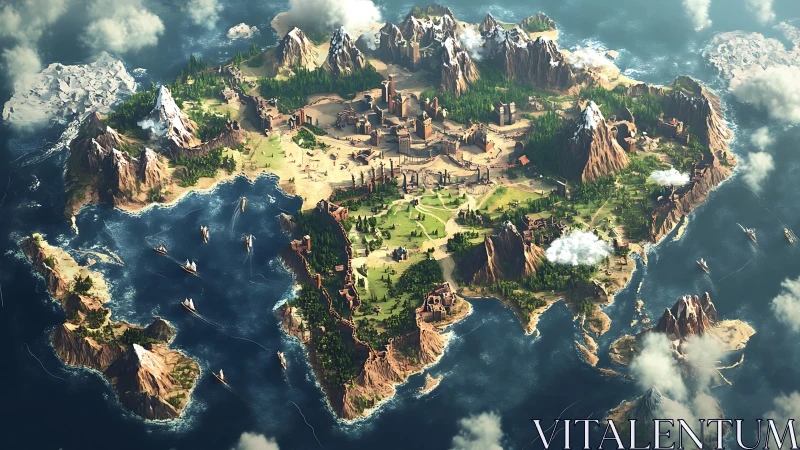 Aerial view of mountainous island settlement surrounded by sea