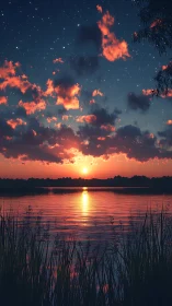 Twilight lake horizon with specular sunset and starfield sky.