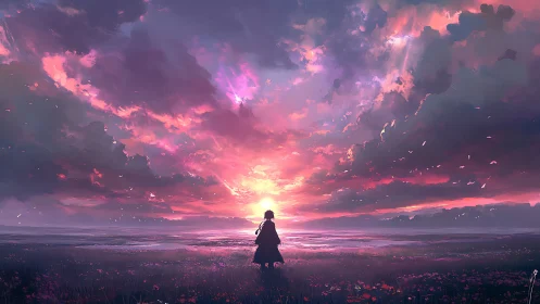 Silhouetted figure watching vivid sunset over open field.