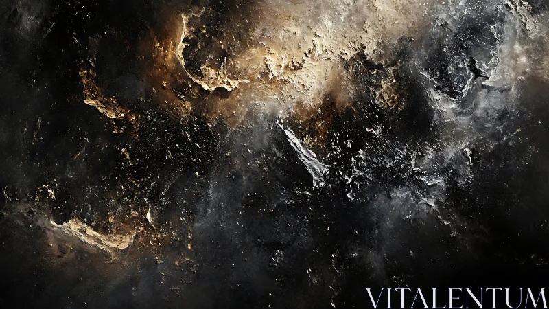 Cosmic dust swirls across a dark, molten celestial expanse.