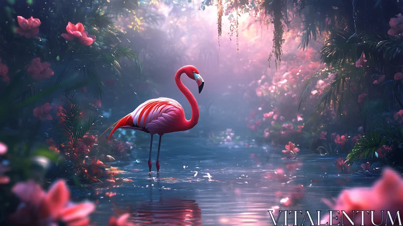 Digital painting of flamingo in luminous tropical garden stream.