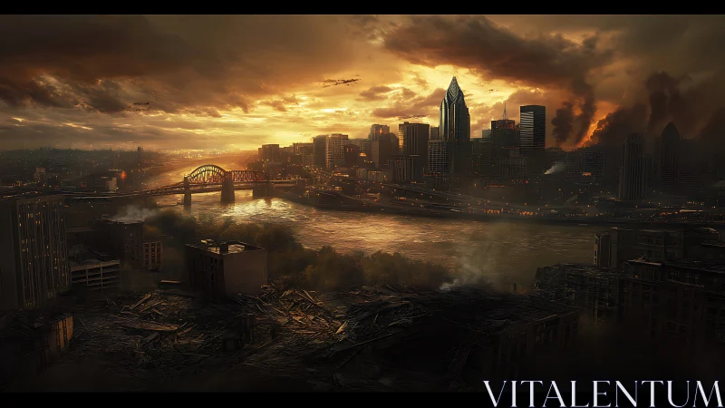 Post-apocalyptic riverside city skyline under burning sunset.