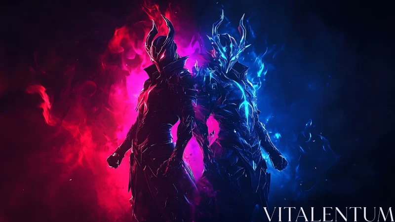 Bifurcated elemental warriors in chromatic flame armor field.