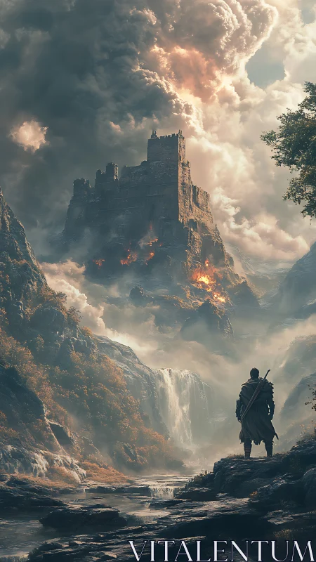 Lone wanderer confronting burning cliffside fortress at dusk.